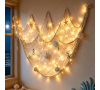 Coastal Fishing Net Wall Hanging with Fairy Lights, Lighted Coastal Wooden Starfish & Fish Hanging Decor, Warm Led Lights Remote Control for Living Room Bedroom Entryway Porch (#4,with Light)