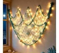 Coastal Fishing Net Wall Hanging with Fairy Lights, Lighted Coastal Wooden Starfish & Fish Hanging Decor, Warm Led Lights Remote Control for Living Room Bedroom Entryway Porch (#3,with Light)