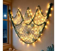 Coastal Fishing Net Wall Hanging with Fairy Lights, Lighted Coastal Wooden Starfish & Fish Hanging Decor, Warm Led Lights Remote Control for Living Room Bedroom Entryway Porch (#1,with Light)
