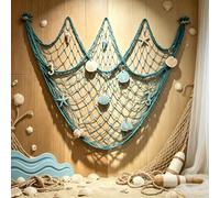 Coastal Fishing Net Wall Hanging with Fairy Lights, Lighted Coastal Wooden Starfish & Fish Hanging Decor, Warm Led Lights Remote Control for Living Room Bedroom Entryway Porch (#1,no Light)