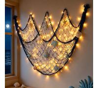 Coastal Fishing Net Wall Hanging with Fairy Lights, Lighted Coastal Wooden Starfish & Fish Hanging Decor, Warm Led Lights Remote Control for Living Room Bedroom Entryway Porch (#2,with Light)