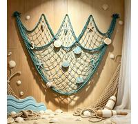 Coastal Fishing Net Wall Hanging with Fairy Lights, Lighted Coastal Wooden Starfish & Fish Hanging Decor, Warm Led Lights Remote Control for Living Room Bedroom Entryway Porch (#3,no Light)