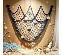 Coastal Fishing Net Wall Hanging with Fairy Lights, Lighted Coastal Wooden Starfish & Fish Hanging Decor, Warm Led Lights Remote Control for Living Room Bedroom Entryway Porch (#2,no Light)