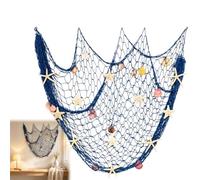Coastal Fishing Net Wall Hanging with Fairy Lights, Nautical Beach Wall Hanging with LED String Lights, Seashell & Starfish Ocean Decor for Living Room Bedrooms Entryway,Warm Porch
