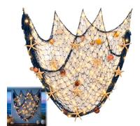 Coastal Fishing Net Wall Hanging with Fairy Lights, Nautical Beach Wall Hanging with LED String Lights, Seashell & Starfish Ocean Decor for Living Room Bedrooms Entryway,Warm Porch