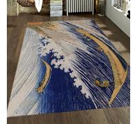 Coastal Japandi Alfombra 90x150 para Sala de Estar Alfombrilla Lavables a máquina Tapete área Suaves Lana sintética Dormitorio Cocina Vintage Azul Great Wave Antideslizante Pelo bajo la