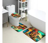 Coastal - Juego de 3 alfombrillas de baño de espuma viscoelástica de secado rápido con diseño de pueblo mediterráneo, absorbentes y antideslizantes, en forma de U, lavables, de verano, junto al mar