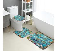 Coastal - Juego de 3 alfombrillas de baño de Ocean Waves Marine Life absorbentes, antideslizantes, en forma de U, lavables, vibrantes, playas, de secado rápido, juego de alfombras de baño de franela