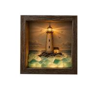 Coastal Light House Sea Glass Shadow Box Soft Glow Wooden Decoration Good