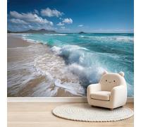 Coastal Nature - Mural de pared no tejido para dormitorio, mesita de noche y pasillo, efecto 3D sin pegar, póster de papel tapiz fotográfico grande, olas de mar de espuma marina