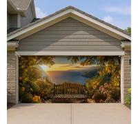 Coastal Ocean Sunset Landscape Lemon Trees Garage Door Cover 157 x 71 | Paisaje costero, decoración de puerta de garaje, vista al mar, banco de madera, jardín mediterráneo, ambiente de verano
