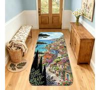 Coastal Village - Alfombra rectangular rústica mediterránea con árboles de cipreses, casas coloridas, color azul verano, antideslizante, suave, resistente a las manchas, para cocina, baño, entrada