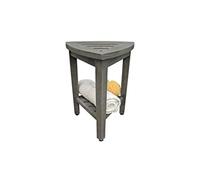 CoastalVogue Flexi Corner - Taburete de esquina de teca para ducha de madera, asiento de ducha de esquina con estante, taburete de esquina de 15 pulgadas en acabado gris antiguo