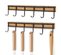 Coat Hooks - Metal and Wood Kitchen Tool Holder | Wall-Mounted Storage with 6 Hooks, Approx. 12.7 x 3.5 x 1.7 inches, Space-Saving Design, Set of 2, for Organizing Utensils, Towels, Keys