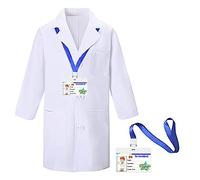 CoatCool Disfraz de científico de algodón blanco con tarjeta de identificación, disfraz de científico de algodón para niños, juego de rol de ciencia, disfraz de veterinario de laboratorio, estudiante