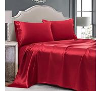 Cobedzy Juego de 4 sábanas de satén Rojo tamaño matrimonial con 1 sábana Bajera de Bolsillo Profundo, 1 sábana encimera y 2 Fundas de Almohada