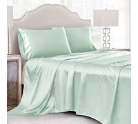 Cobedzy Juego de sábanas de Lujo de 3 Piezas, sábanas de satén Transpirable, Color Verde Menta con 1 sábana Bajera de Bolsillo Profundo, 1 sábana encimera y 1 Funda de Almohada de satén