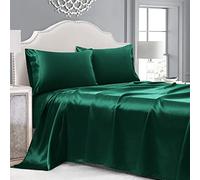 Cobedzy Juego de sábanas de satén Verde Esmeralda de 4 Piezas, Juego de sábanas de satén de Seda de Lujo con 1 sábana Bajera Ajustable de Bolsillo Profundo, 1 sábana Plana Suave, 2 Fundas de Almohada
