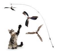 Cobee Cat Wand Toys, Juguetes interactivos para Gatos con 2 recambios de Plumas Cat Feather Propeller Wand Toy con Bell Cat Feather Toys Recambios de Repuesto para Interior Cat String Toy(Piebald)