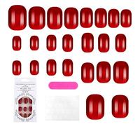 Cobee Juego de 24 uñas postizas cuadradas de color sólido, uñas postizas cortas, reutilizables, cobertura completa para mujeres, pegamento de gelatina para decoración de uñas y lima de uñas (rojo)