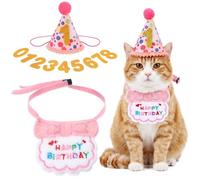 Cobee Sombrero de cumpleaños de gato con cuello y número, suministros para fiesta de cumpleaños de gato, bandana de gatito rosa, decoración de fiesta para gatitos de 0 a 8 años (rosa)