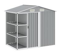 Cobertizo de jardín con estante gris 205x130x183 cm Hierro | Hierro galvanizado, puerta corredera, mango plástico, ventilación delantera y trasera, montaje en superficie plana