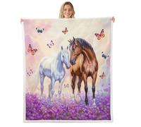Cobija de caballo para parejas, 50 x 60 pulgadas, jardín botánico, mariposa, morado, lavanda, manta de cama para niños, adolescentes y adultos, estilo romántico, animales salvajes, manta de forro