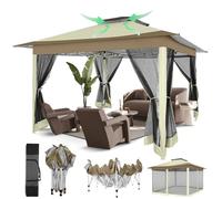 COBIZI Cenador 3 x 3, Resistente al Agua, Estable, Resistente al Invierno, 3,65 x 3,65 m, con mosquitera, Doble Techo, Plegable, con Saco de Arena para Patio Trasero, césped (Beige)