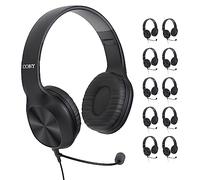 Coby Auriculares con cable, paquete de 10, auriculares plegables con micrófono, almohadillas acolchadas, auriculares para juegos, escuelas, centros de llamadas, servicio al cliente, control de