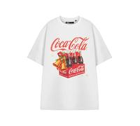 Coca-Cola Camiseta gráfica de Navidad para mujer, camiseta clásica blanca festiva con botellas, muérdago y campanas, camisa de cuello redondo para uso casual, logotipo de manga corta, ropa sin cierre,