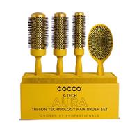 COCCO Aura Brush - Juego de cepillos redondos y de cerámica para mujer, secado y control del encrespamiento, cerdas de turmalina, agarre ergonómico, juego de peinado completo, color amarillo
