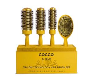COCCO Aura Brush - Juego de cepillos redondos y de cerámica para mujer, secado y control del encrespamiento, cerdas de turmalina, agarre ergonómico, juego de peinado completo, color amarillo