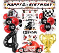 Coche de carreras para 4 cumpleaños, decoración de fiesta de cumpleaños para niños - Happy Birthday Banner y carreras, globo XXL negro número 4 globos, coche de carreras globo de aluminio para niños 4