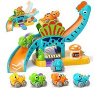 Coche de Dinosaurios para Niños 1 2 3 Años, Juguete Educativo con Tobogán y Aparcamiento, Desarrollo Motricidad y Creatividad, Regalo para Niños y Niñas 1-3 Años