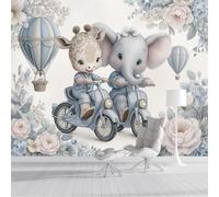 Coche de elefantes jirafa Murales de Pared, Estilo de cuento de hadas Papel Pintado Azul de Tela, Gran Mural Fotográfico para guarderías, escuelas, escuela, estilo