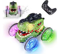 Coche Dinosaurio Teledirigido, Monster Truck Teledirigido Anfibio 2.4GHZ con Volteo de 360°, RC Car que Lanza Agua, Ruedas Luminosas, Regalos de Cumpleaños Navidad, Coche RC a Partir de 6 Años