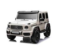 Coche eléctrico 12V Mercedes G63 AMG 4x4² Biplaza, Blanco, Reproductor MP3 con Entrada USB/AUX, Tracción 4x4, Batería 12V14Ah, Ruedas EVA con suspensión, Mando a Distancia, Licencia