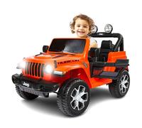Coche electrico para niños 2 plazas Jeep Wrangler de Babycar - Coche electrico niño 12v con Licencia Oficial y Mando a Distancia 2.4 GHz Apertura de Puertas con MP3 (Naranja)