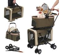 Cochecito 3 en 1 para perros y gatos, plegable, hasta 35 kg, con ruedas giratorias de 360° con frenos, para pasear por el bosque, paseos por la ciudad y visita al veterinario (verde oscuro)