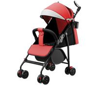 Cochecito de bebé 0-4 años, plegable con dos manos, reclinable, ruedas EVA a prueba de golpes, parasol ajustable, estructura de acero, carga máxima 30 kg (rojo)