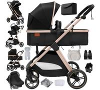 Cochecito de bebé,sistema de viaje plegable 3 en 1,cochecito infantil,mosquitera y cubierta para la lluvia,adecuado para recién nacidos y niños pequeños(Negro y Oro)
