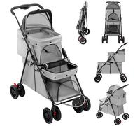 Cochecito de doble capa para perro gato, animales de viaje, cochecito plegable perro gato de cuatro ruedas carretilla/Landau Jogger/cochecito Buggy, gris