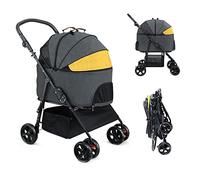 Cochecito de lujo 3 en 1 para perros medianos y grandes, cochecito plegable para mascotas, asiento de viaje para coche con soporte desmontable, doble rueda de suspensión, forro extraíble y (gris osc