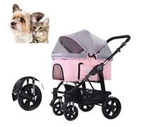 Cochecito de lujo para perros y gatos, asa ajustable, diseño dividido, plegable, con un botón, rueda de choque giratoria universal de 360°, color rosa