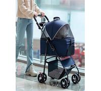 Cochecito de viaje plegable para perros y gatos pequeños y medianos, carrito ligero de 4 ruedas con cesta de almacenamiento, cinturón de seguridad y portavasos, cochecito azul para cachorros