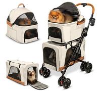 Cochecito doble para mascotas con transportadores desmontables, ideal para 2 perros o gatos, diseño compacto y cómodo, cochecito doble para perros de fácil montaje, color beige cósmico
