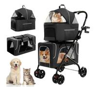 Cochecito doble para perro, cochecito plegable 3 en 1 para gatos con 2 transportadores desmontables, cinturón de seguridad, funda lavable, almohadillas extraíbles, cochecito de viaje de 4 ruedas para