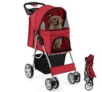 Cochecito for perros y gatos, transportín plegable con cesta de almacenamiento, cinturón de seguridad, portavasos y 4 ruedas for mascotas pequeñas y medianas.(Red)