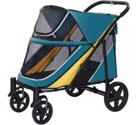 Cochecito grande para perros, 4 ruedas, para perros medianos o 2 perros, plegable con un solo clic, malla transpirable grande y techo corredizo, cochecito todo terreno para perros medianos mayores de