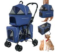 Cochecito multiusos para perros pequeños con transportadores desmontables, marco de acero duradero con ruedas, carrito para 2 perros y gatos, tela Oxford 600D duradera, color azul